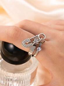 三色三环时尚女士戒指，可拆卸，锆石装饰，适合女性日常搭配、派对、礼物、配饰