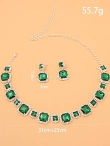 STONEFANS طقم قلادة وأقراط مربعة فضية، إكسسوارات زفاف، طقم مجوهرات عروس بتصميم بلوري أخضر