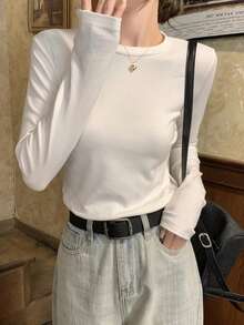 Áo thun nữ ngắn tay màu trắng, cổ tròn, kiểu dáng đơn giản, phong cách Hàn Quốc, mùa xuân thu 2025 - trắng - Xem 2