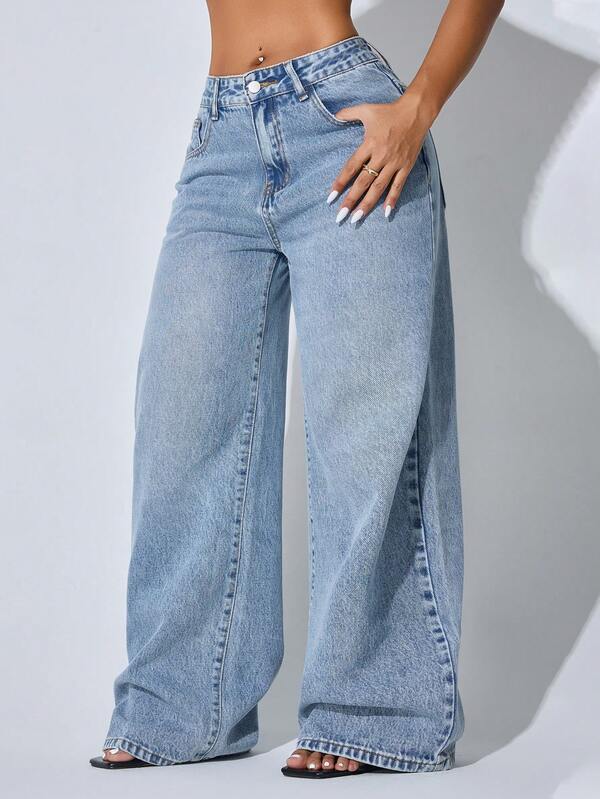 Calça Denim Feminina Casual de Cintura Baixa, Perna Larga, Bolso Inclinado Azul, Curva, Roupas de Outono