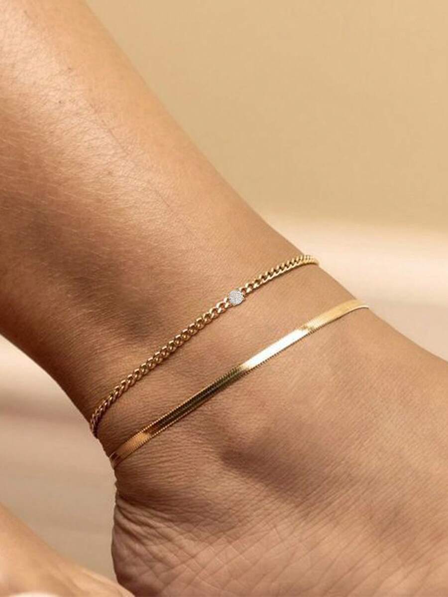 Nooxian 2 件套金色珠宝休闲海滩度假风格不锈钢刀片链镶嵌闪亮方晶锆石女式脚链 - 金黃色 - 查看 1