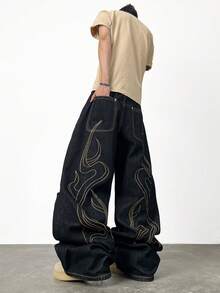 1pc Fashionable Loose Fit Distressed Embroidered Denim Jeans, Versatile Streetwear Style Casual Pants For Men, All Season - màu đen - Xem 7