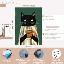 Vintage Minimalist Black Cat Cafe Canvas Art Decor, Green & White Stripes, Playful Cat Holding Coffee Cup, Suitable For Kitchen, Bedroom, Office And Cafe - High Quality Canvas Poster, Cat Decoration - Multicolor - View 13
