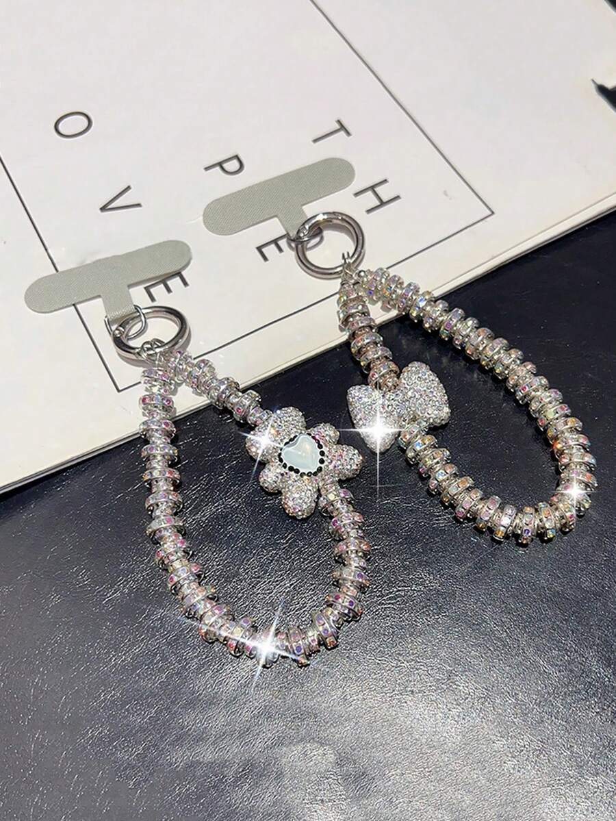 Colgante de llavero con oso/lazo de nudo con strass premium, cadena versátil anti-caída, decoración asimétrica de lazo de perla falsa, adecuado para teléfono, viaje al aire libre, compras, cordón anti-pérdida, correa de funda de teléfono de moda