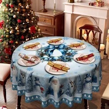 1 件浅蓝色圣诞主题桌布 - 圣诞老人、雪人、驯鹿冬季雪景设计，搭配蓝色雪花 - 耐用涤纶面料 - 适合矩形或圆形桌子，非常适合圣诞节礼物和新年庆祝活动、圣诞餐桌装饰、圣诞装饰 - 彩色 - 查看 10