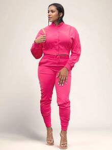 2pcs Women Casual Sports Zip-Up Jacket And Pants Set, Personalized Design, Autumn/Winter