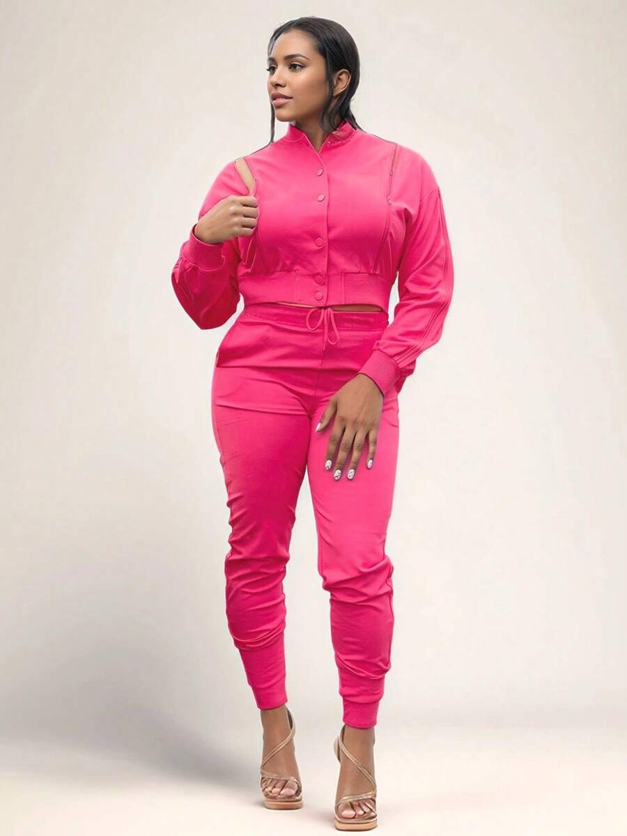 2pcs Women Casual Sports Zip-Up Jacket And Pants Set, Personalized Design, Autumn/Winter