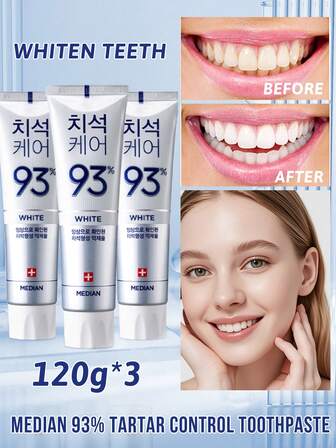 Median 3支装，中位93%牙垢控制牙膏，美白牙齿，去除牙垢，减少牙菌斑，溶解牙菌斑，93%牙垢抑制率，专业美白，防止牙齿侵蚀，经临床验证的配方，适合日常使用、餐后清洁、重要场合前使用。