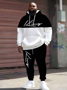 男士运动套装两件套，KING字体，黑白撞色设计，包含连帽衫和运动裤，适合运动/户外/跑步，大码男士秋季服装
