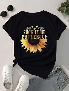 Camiseta con estampado de girasol ,Camiseta informal de algodón de verano para mujer, manga corta, cuello redondo, 220 g/m2 (1 pieza) - Negro - Ver 2