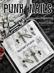 Bộ 10 miếng dán móng tay phong cách Punk thủ công, móng giả vuông cỡ trung bình, móng giả màu trắng kiểu Pháp với họa tiết chữ thập, kẹp giấy, đinh tán và màu trắng trong suốt, bộ dụng cụ làm móng nghệ thuật kim loại phong cách Cyberpunk, phù hợp cho sử dụng hàng ngày và các dịp đặc biệt, dụng cụ dán móng thủ công. - Nhiều màu - Xem 12