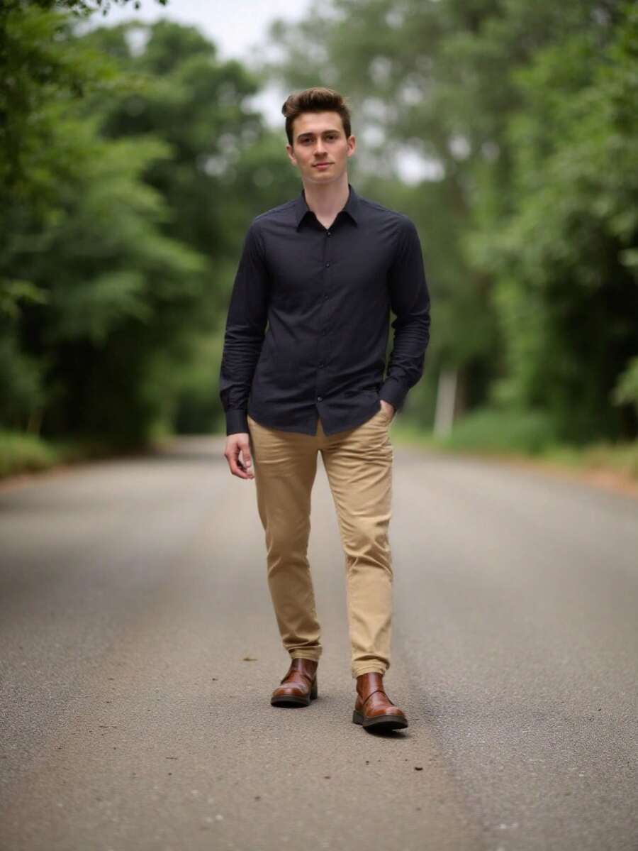 MEN'S SET KIT: TROUSERS + SLIM DRESS SHIRT - 米色+黑色 - 查看 1