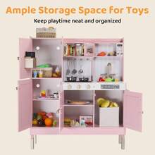 Kinder King Wooden Kids Play Kitchen, Toy Kitchen Playset For Toddler, Realistic Kitchen Sets W/Lights & Sounds, Pretend Ice Maker, Telephone, Kitchen Accessories, Gift For Boys Girls Age 3+, Halloween Christmas Gift, Pink