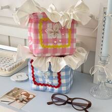 1pc Large Plaid Lace Laundry Basket, High-Quality Multi-Purpose Snack Storage Box, Contrast Color Cream Ruffle Edge Storage Basket, Rectangular Handmade INS Style Stitched Fabric Desktop Organizer Box