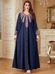 Women's Muslim Robe Abaya, V-Neck Embroidered Eid Dress, Dubai Clothing, Arabic Islamic Robe - Navy Blue - View 7