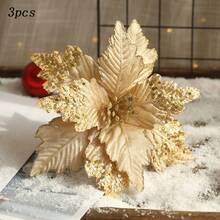 3pcs Shiny Gold Artificial Christmas Flowers With Multi-Layer Petals - Sparkling Fabric Holiday Decorations In White, Pink, Red And Gold Colors For Christmas Tree Or Winter Tablescape, Battery/Electricity-Free, Easy To Hang, For Year-Round Use On Thanksgiving, New Year, Easter, Valentine's Day Parties, Festive Home Decor, Lightweight Ornaments, Handcraft Details, Embellishments And Ideal For DIY Enthusiasts And Event Planners