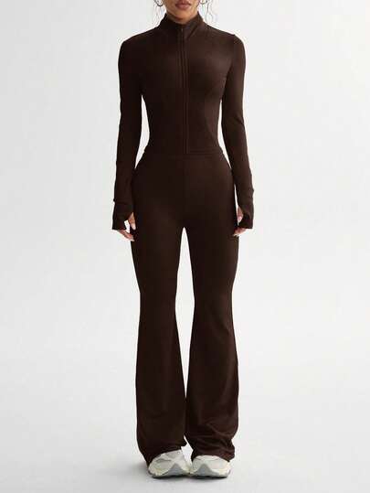 Conjunto de top de manga larga y pantalones ajustados de unicolor para mujer, conjunto de entrenamiento para mujer