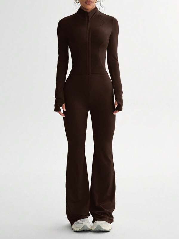 Conjunto de top de manga larga y pantalones ajustados de unicolor para mujer, conjunto de entrenamiento para mujer