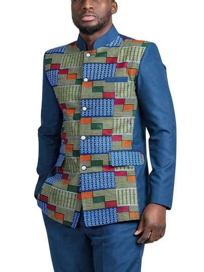 2 pièces/Set, 2025 Nouveau Dashiki bleu pour hommes, design à imprimé à carreaux contrastés, col Mao, manches longues, poches, pantalon à taille élastique, vêtements africains, ensemble chemise et pantalon 2 pièces décontracté pour hommes, streetwear, soirée, rendez-vous, mariage, port quotidien, événements culturels, cérémonies traditionnelles
