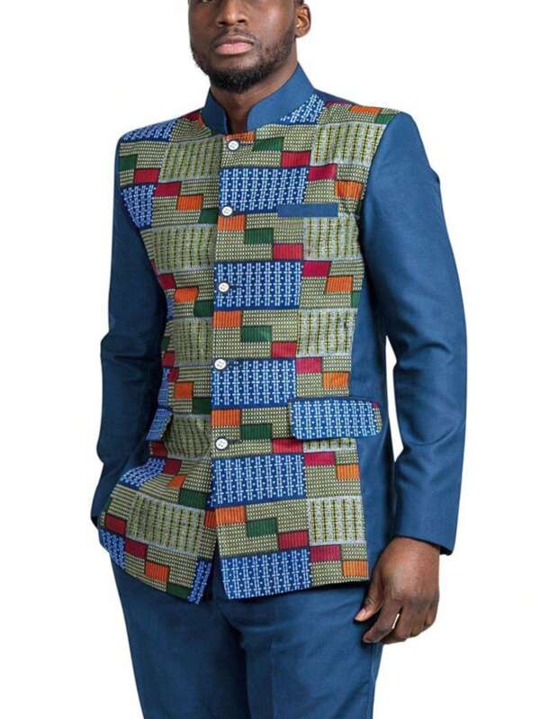 2pcs/Set, 2025 New Men's Blue Dashiki, Contrast Plaid Print Design, Mandarin Collar, Long Sleeve, Pockets, Elastic Waist Pants, African Clothing, Men's Casual Shirt & Pants 2-Piece Set, Streetwear, Party, Date, Wedding, Daily Wear, Cultural Events, Traditional Ceremonies
