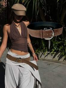 Plus Size Women Vintage Suede Belt, Solid Color Fashion Simple Versatile Waist Accessory, Suitable For Daily Wear Summer, School Fall, Autumn, Halloween - Brown - View 16