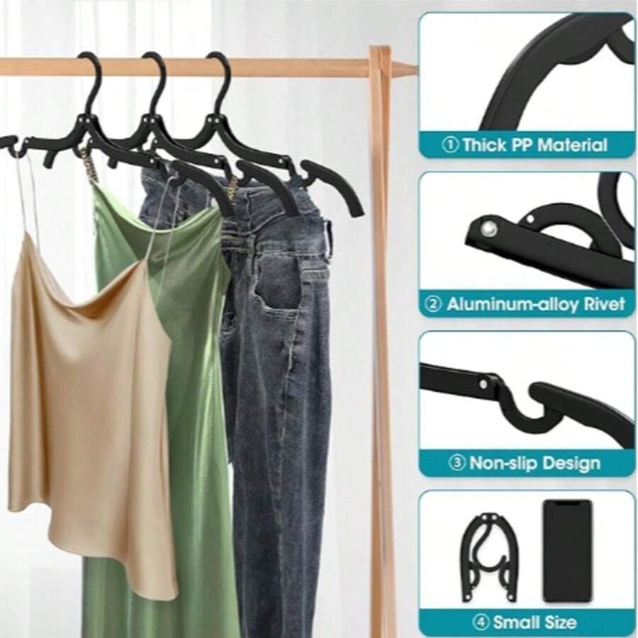 1/10pcs Portable Folding Travel Clothes Hanger With Storage Bag, Plastic Cruise Essential Garment Drying Rack, Suitable For Camping, Flight, RV, Europe Vacation, Black, Ultra-Compact, Space-Saving Design, Lightweight Yet Durable, Quick-Dry Organizer, Multi-Use Wardrobe Accessory For Luggage, Dorm, Backpacking, Caravan, Hotel Stay, Travel Kit Must-Have, Easy Clean, Non-Slip Racks, Foldable Hanger System For Garments, Shirts, Tops, Sleepwear And Soft Fabrics, Ideal Gift For Travelers And Vacation Enthusiasts - Black - View 1