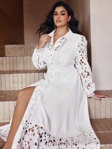Simplee Plus Size Women's Elegant Lace Patchwork Front Button Long Dress, Suitable For Party And Vacation Wear, Spring/Summer - White - View 1