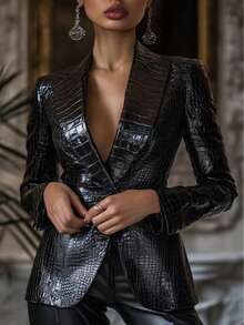 Chaqueta deportiva de manga larga con botones de unicolor y piel de cocodrilo retro de PU para mujer