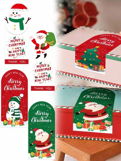 100 pièces Jolis autocollants de Noël, autocollants décoratifs de scellage de cadeau de Noël rouge pour boîte d'emballage, étiquettes de Noël, pour cadeaux et paquets de fête, sacs, cartes et enveloppes (60x130mm, 4 designs)