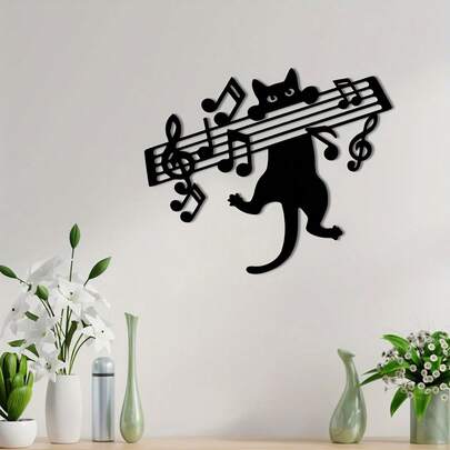 1pc Of Craft Decoration, Iron Cat Playing Notes Wall Decoration, Piano Teacher Music Stick Silhouette Art, Music Enthusiast Gift, Novel Cat Wall Hanging For Home And Music Studio Decoration, Art Room Decoration