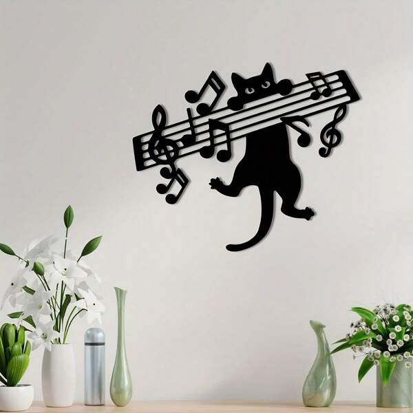 1 pieza de decoración artesanal, decoración de pared de gato de hierro tocando notas, silueta de maestro de piano, regalo para entusiastas de la música, colgante de gato novedoso para decoración del hogar y estudio de música, decoración de sala de arte