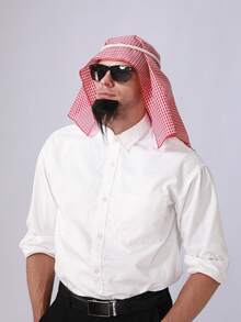 Set di 3 accessori per outfit da uomo in stile anni '80 mediorientale: sciarpa rossa, fascia per capelli in corda, maschera per gli occhi nera e baffi laser neri, adatto per Ognissanti, feste in costume, ruoli, uso quotidiano, festival, cosplay