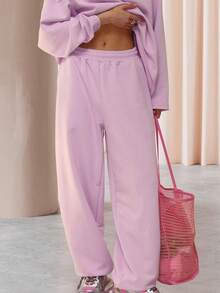 Women Solid Baggy Sweatpants Casual Elastic Waist Wide Leg Sports Pants With Pockets Loose Trousers - 紫色 - 查看 4