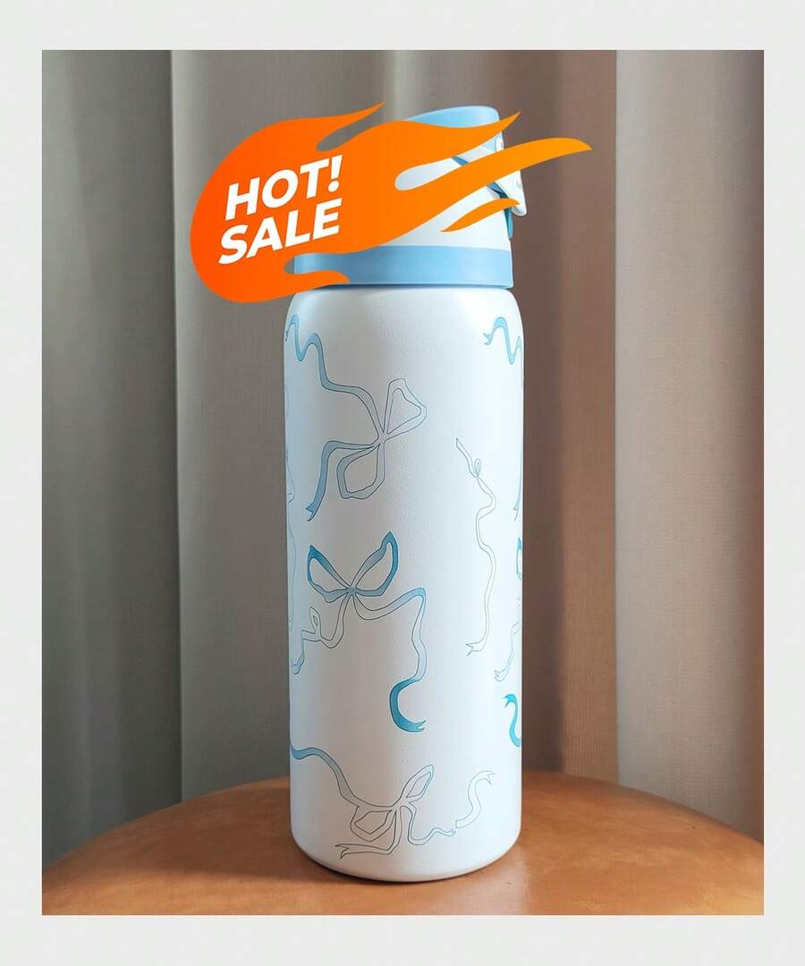 OWALAs Blue Silk Ribbon Cup 24oz/32oz. Vacuum Flasks & Thermoses Water Bottle. Stainless Steel Water Bottle With Straw. Can Be Used For Outdoor Sports, Heat Preservation Time Cold And Hot Water Can Be Insulated, Frozen Drinks, Beautiful Appearance, Exquisite Workmanship, Suitable For Camping, Work, Indoor Use.Halloween Gifts, Christmas Gifts, Gift-Giving. - Ruy băng xanh - Xem 1