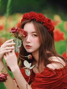 1pc Girls' Cross-Border New Rose Headband, Realistic 3D Flocked Rose Flower Hair Hoop, Headdress For Travel & Photo Shoot - Red - View 2