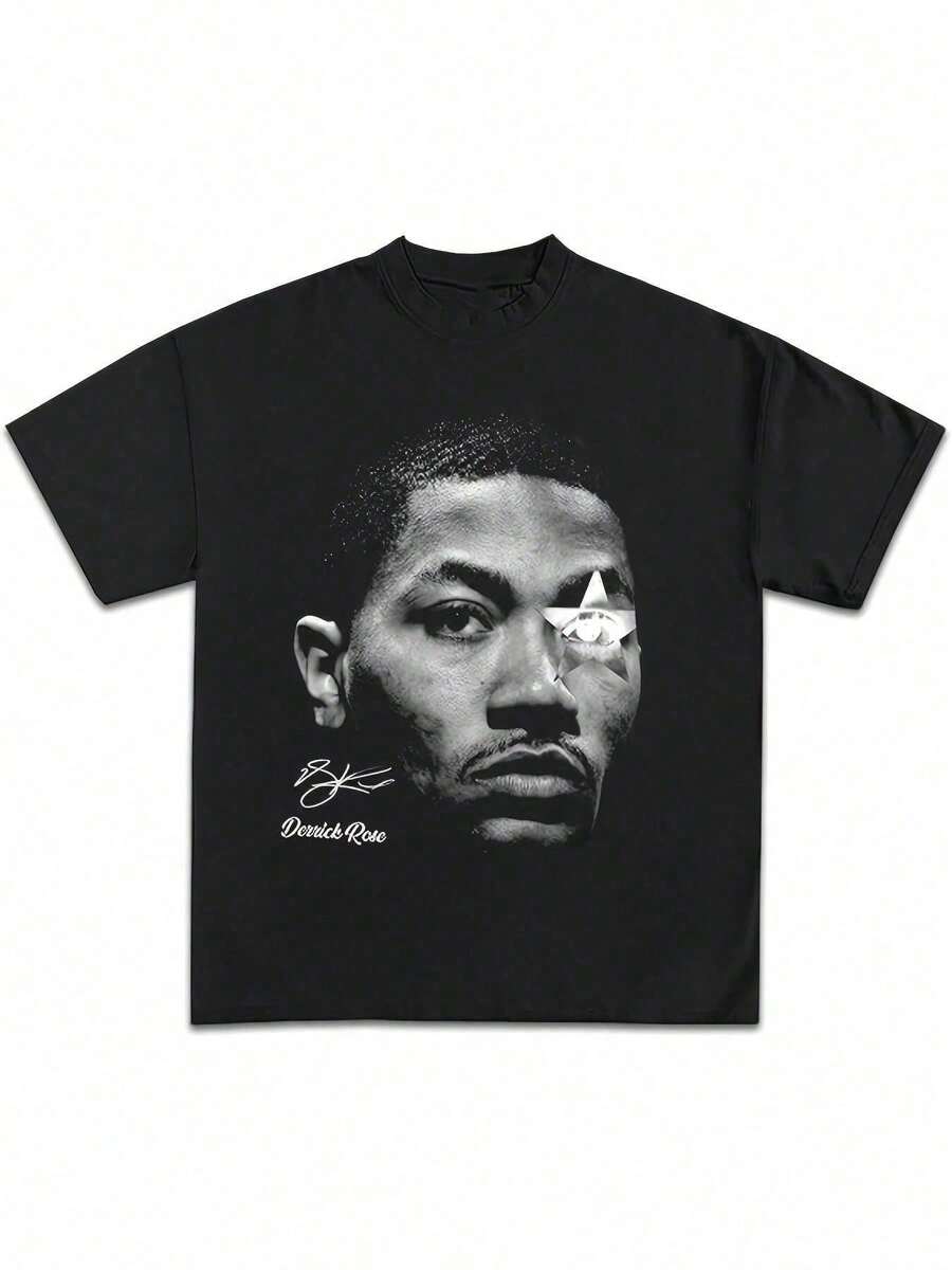 Men Plus Size Top, Derrick Rose Graphic Tee, Round Neck 100% Cotton Printed T-Shirt, Casual Daily, Summer, Gift - 黑色 - 查看 1