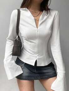 Womens Lapel Zip Up Cardigan Solid Color Long Sleeve Knit Tops For Spring Autumn Daily Office Wear - 白色 - 查看 3