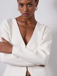 Se-Helo Women's Solid Color Minimalist Casual Design Loose Knit Long Sleeve Cardigan - White - View 3