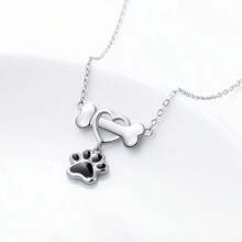 Cute Enamel Dog Bone Paw Pendant Necklace For Women Simple Collarbone Chain Necklace Girls Birthday GIfts - 銀色 - 查看 3