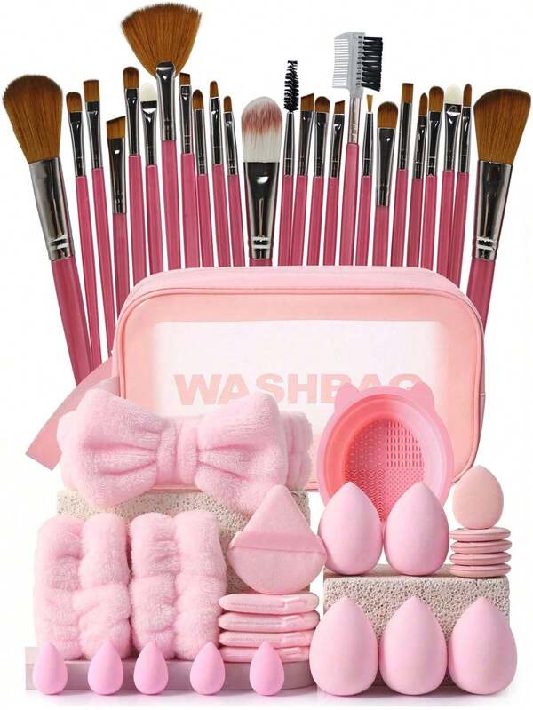 50 Pcs Makeup Brush Set, Makeup Brush And Sponge Set, Beauty Tool Set, Mixing Makeup Beauty Tools, Including: 25 Makeup Brushes, 1 Makeup Bag, 5 Beauty Eggs, 5 Powder Puffs, 5 Mini Beauty Eggs, 5 Mini Finger Powder Puffs, 1 Headband, 2 Wristbands, 1 Cleaning Tool