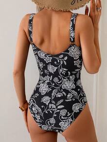 Tummy Control One Piece Swimsuit With Ruched Design - Black White Floral Print - View 3