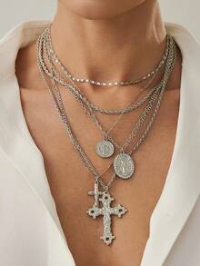 4pcs/Set 14k Gold Plated Multi-Layer Beaded Cross & Virgin Mary Necklace, Suitable For Vacation, Prayer, Baptism Wear - Style 15 - View 11