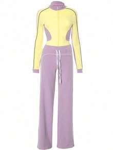Conjunto deportivo de mujer en color amarillo y morado, que incluye top con capucha y cremallera, y pantalones acampanados con cordón, de estiramiento medio, cómodo y transpirable - Amarillo - Ver 6
