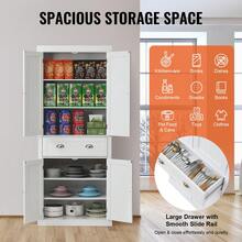 72" Kitchen Pantry Storage Cabinet, Freestanding Utility Cabinets With Doors, Drawer And 3 Adjustable Shelves, Tall Food Buffet Pantries For Kitchen, Living Room, Dinning Room, Laundry, White - White - View 3