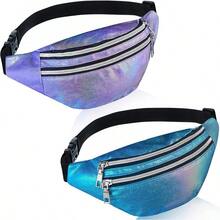 2 Piezas de Riñonera Holográfica para Mujeres Bolsa de Cintura Deportiva Colorida - Morado brillante, azul oscuro - Ver 1