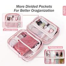 Travel Toiletry Bag With Jewelry Organizer, Hanging Travel Bag For Toiletries, Puffy Makeup Cosmetic Bag Organizer, Carry-On Travel Accessories Essentials - Hồng - Xem 7