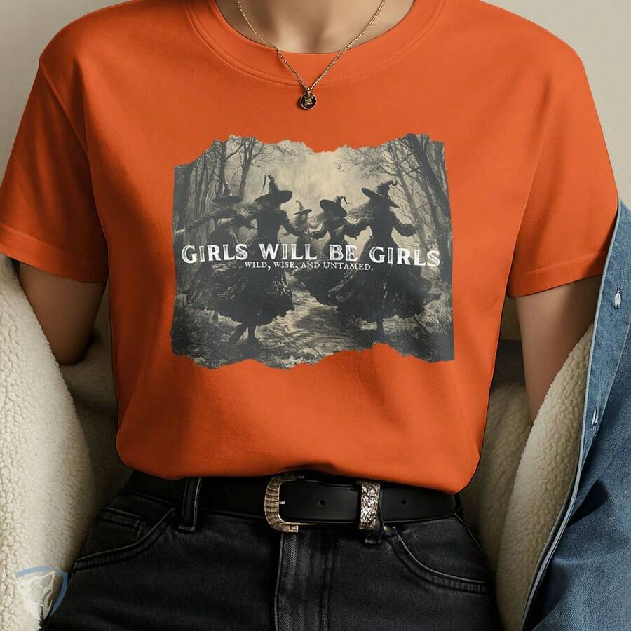 Girls Will Be Girls Printed Women's T-Shirt | Witches In The Forest Art - 橘色 - 查看 1