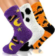72-Needle Buttery Soft Halloween Fuzzy Socks For Women Cozy Funny Crazy Cute Fluffy Warm Slipper Socks 3 Pairs, Halloween Gifts Boo Spooky Basket Stuffers
