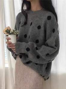 EAVA Fashion 女款針織上衣，灰色配黑色波點長袖套頭毛衣，標準版型，羅紋針織細節，舒適面料 - 灰色 - 查看 1