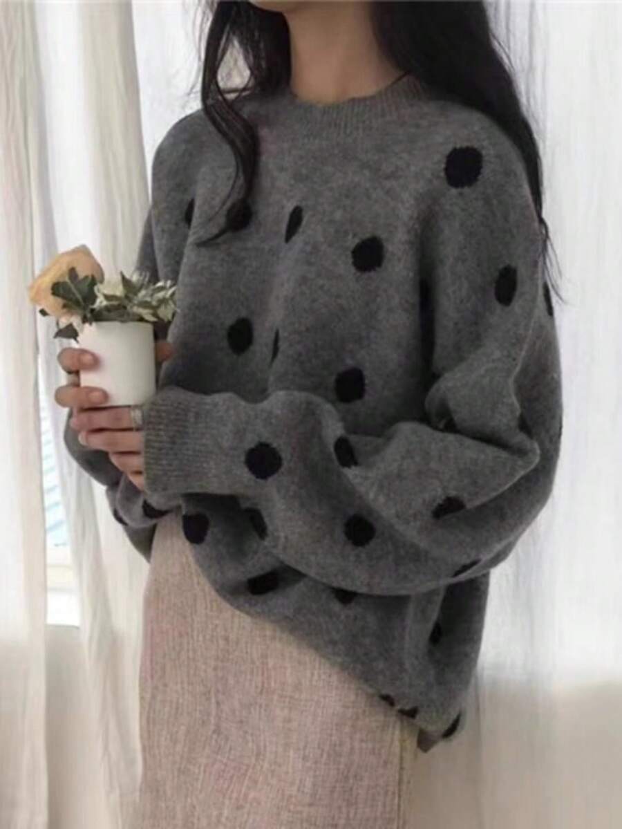 EAVA Fashion 女款針織上衣,灰色配黑色波點長袖套頭毛衣,標準版型,羅紋針織細節,舒適面料 - 灰色 - 查看 1